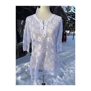 Solitaire by Ravi Khosla White Lace Blouse Tunic Sheer 3/4 Sleeve Sz M